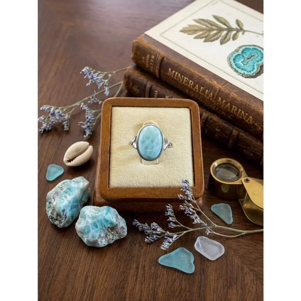 Natural Blue Larimar Oval Adjustable Sterling Silver Ring Water Pattern New